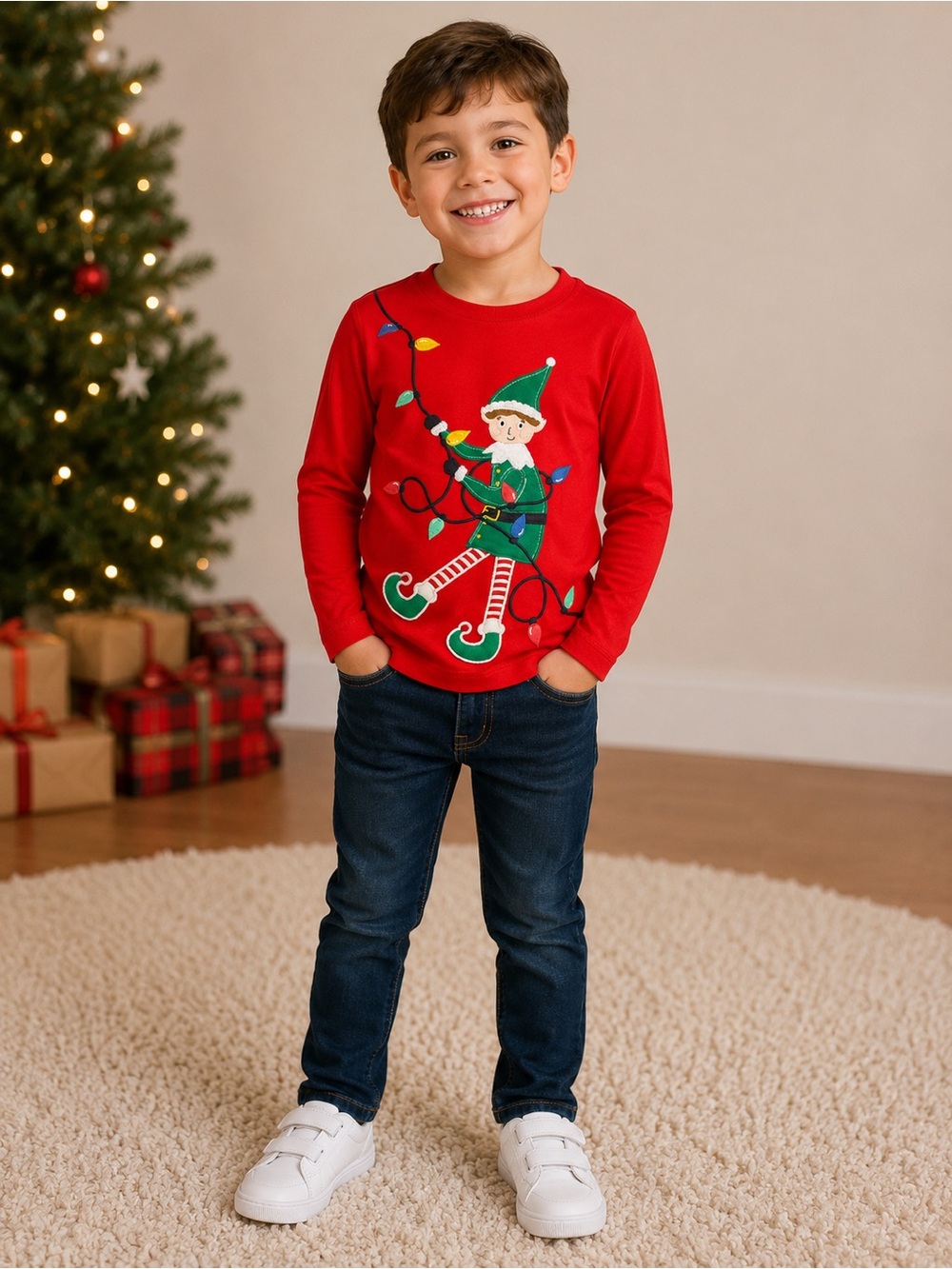 Mini Boden • NWT Red Kids Holiday Elf Graphic Long Sleeve Tee 4/5